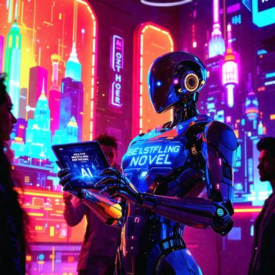 The primary subject of the image is a robot, which is holding a tablet computer. The robot is standing in a futuristic cityscape, which is the setting for the background. The visual style of the image is a combination of digital art and illustration, creating a unique and engaging atmosphere. The dominant colors in the image are blue and orange, which contribute to the futuristic and vibrant mood of the scene.